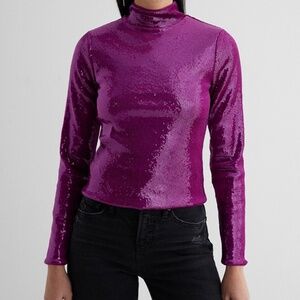 Express Women’s Body Contour Sequin Mock Neck Long Sleeve Tee/Top Turtleneck